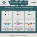 A digital graphic titled 'Every colour tells a story' by Meaningful Charm, presenting a six-color palette of gift meanings (Neutrals, Naturals, Forest, Ocean, Blossoms, Sweets) with corresponding color swatches and descriptions on a teal and white background.