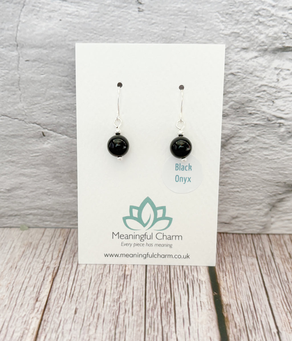 Black Onyx Crystal Earrings | Silver Gemstone Dangle Drop