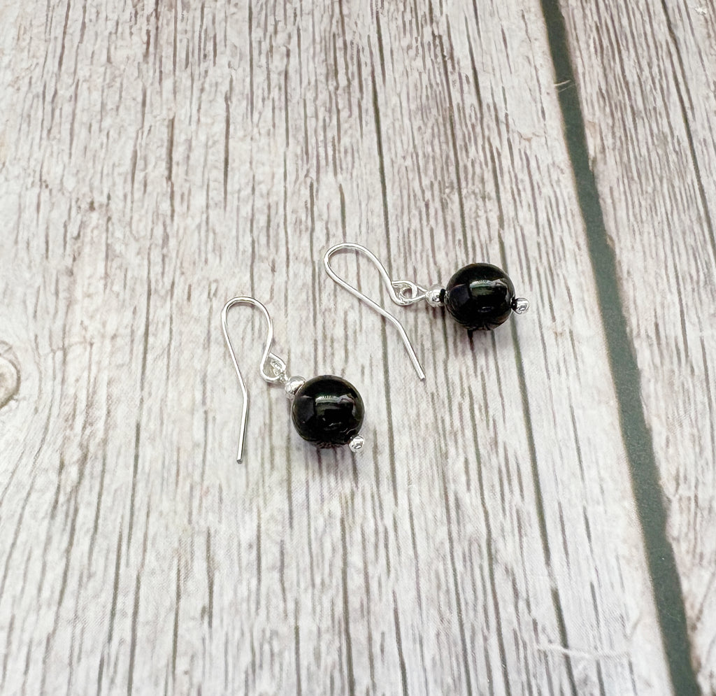 Black Tourmaline Crystal Earrings | Silver Gemstone Dangle Drop