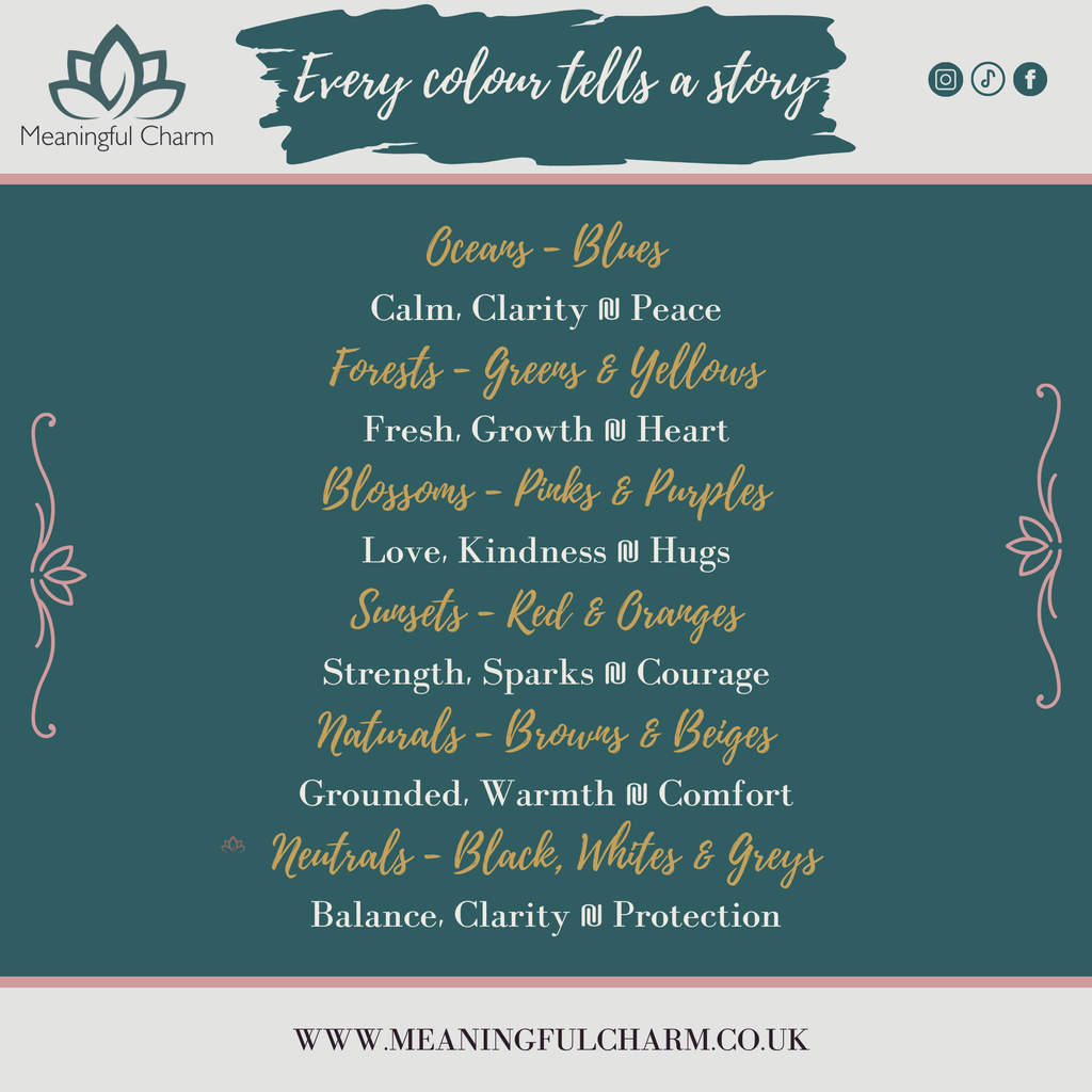 A digital graphic titled 'Every colour tells a story' by Meaningful Charm, displaying a color-coded list of emotions and associated colors such as blues, greens, yellows, pinks, purples, reds, oranges, browns, and neutrals, on a dark teal background with a light gray footer.