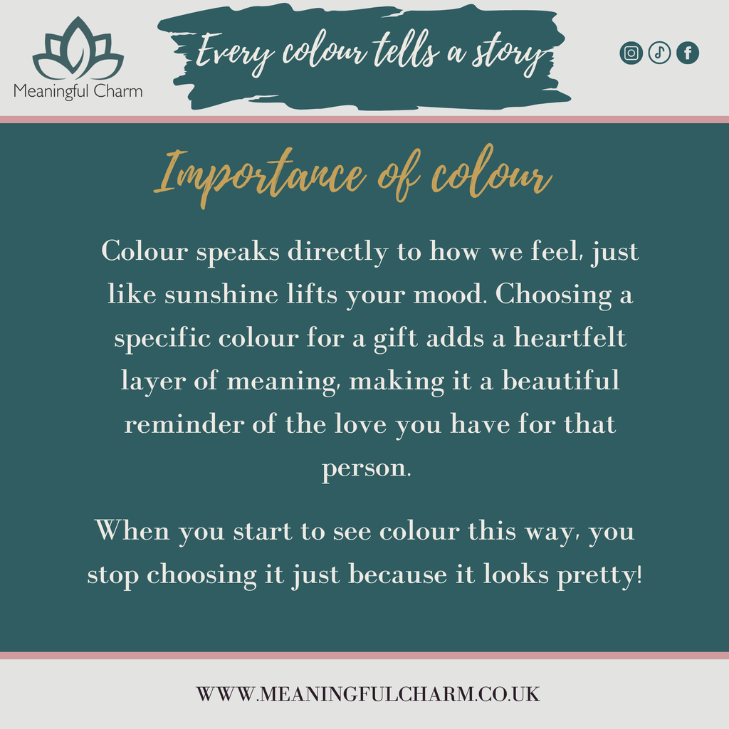 A digital graphic with a dark teal background and white text titled 'Importance of colour' under the heading 'Every colour tells a story'. The brand name 'Meaningful Charm' with a lotus logo appears in the top left, and the website 'WWW.