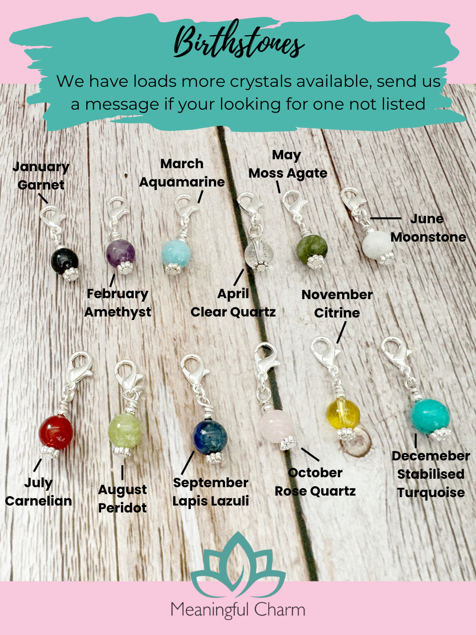 Collection of birthstone charms with labels on a wooden surface, branded 'Meaningful Charm'.