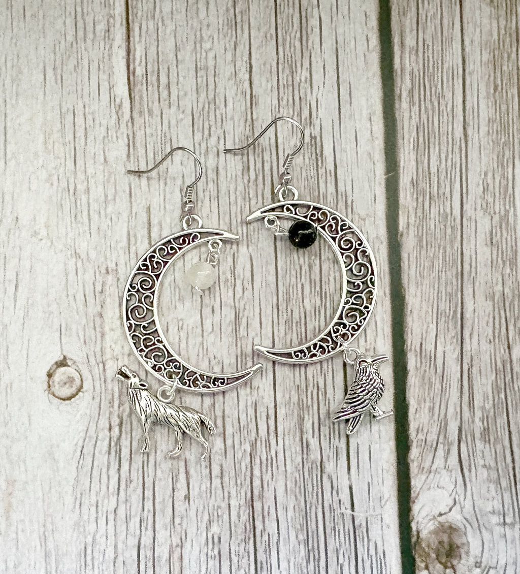 Crystal Raven Moon Earrings | Gothic Crescent Moon & Wolf Jewellery