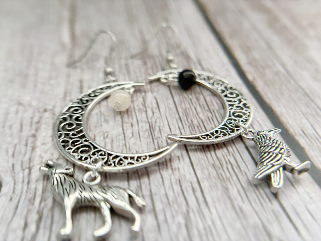 Crystal Raven Moon Earrings | Gothic Crescent Moon & Wolf Jewellery