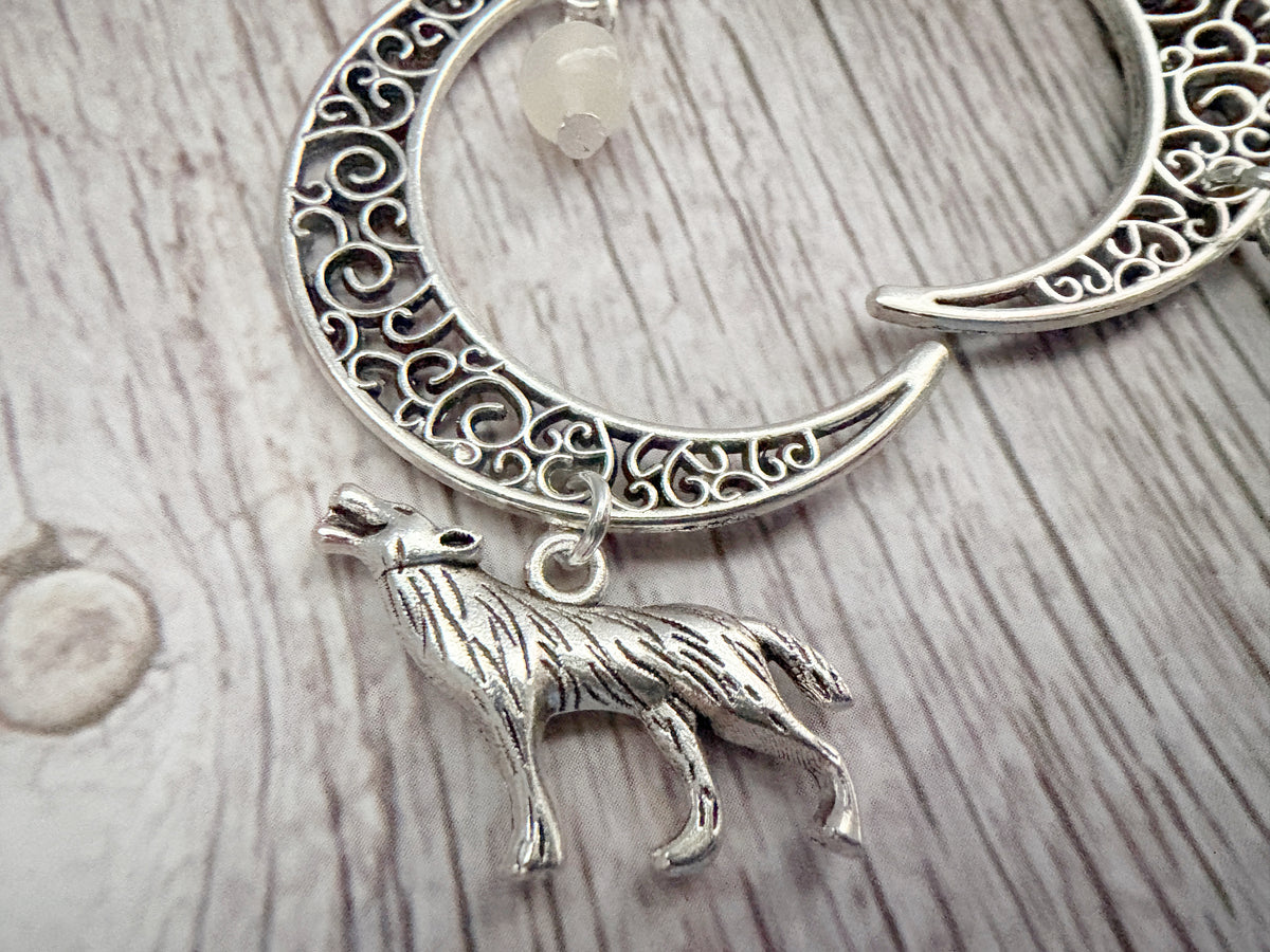 Crystal Raven Moon Earrings | Gothic Crescent Moon & Wolf Jewellery