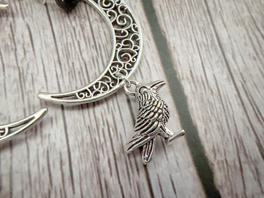 Crystal Raven Moon Earrings | Gothic Crescent Moon & Wolf Jewellery