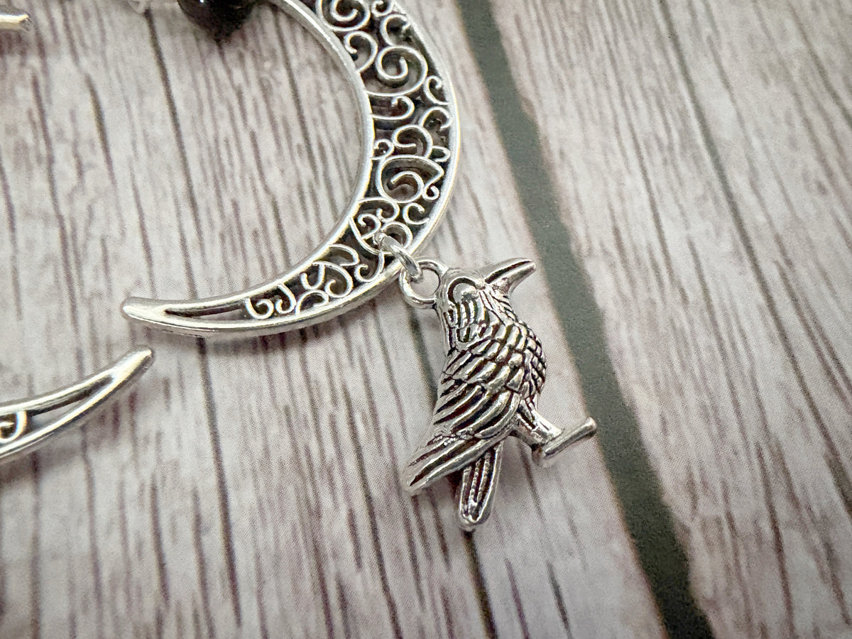 Crystal Raven Moon Earrings | Gothic Crescent Moon & Wolf Jewellery