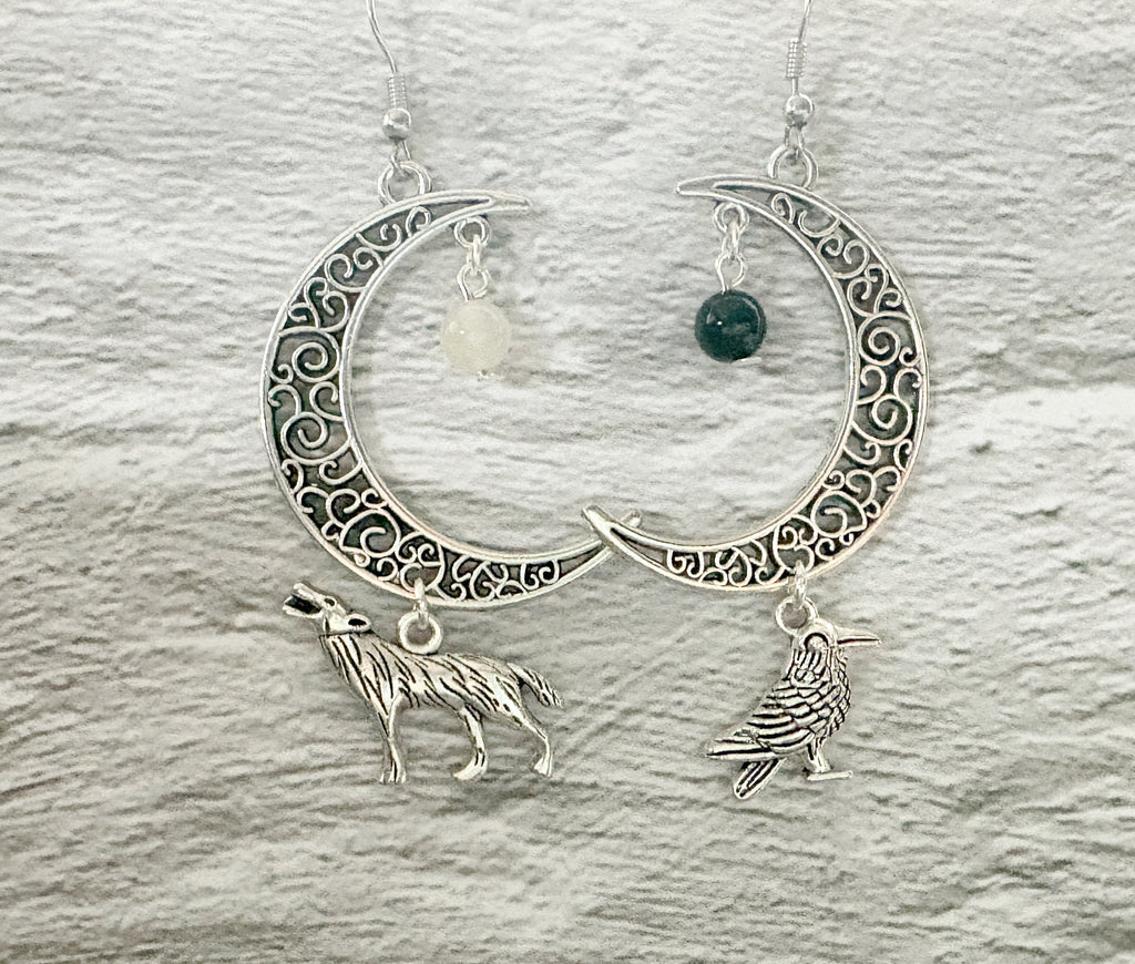 Crystal Raven Moon Earrings | Gothic Crescent Moon & Wolf Jewellery
