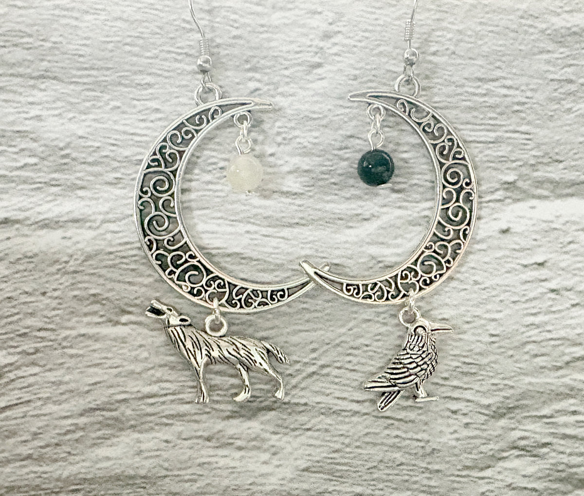 Crystal Raven Moon Earrings | Gothic Crescent Moon & Wolf Jewellery
