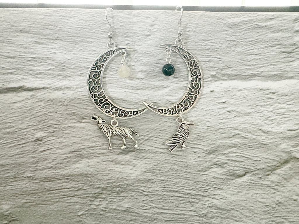 Crystal Raven Moon Earrings | Gothic Crescent Moon & Wolf Jewellery