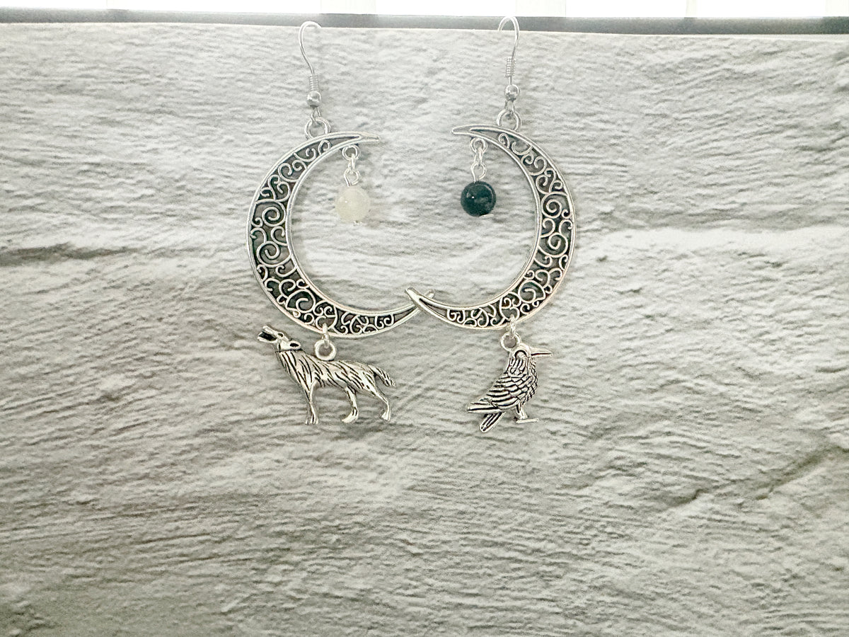 Crystal Raven Moon Earrings | Gothic Crescent Moon & Wolf Jewellery