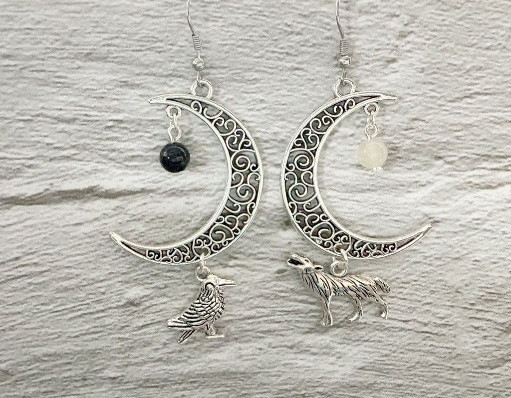 Crystal Raven Moon Earrings | Gothic Crescent Moon & Wolf Jewellery