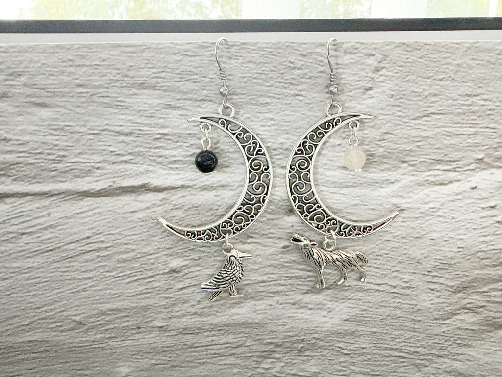 Crystal Raven Moon Earrings | Gothic Crescent Moon & Wolf Jewellery
