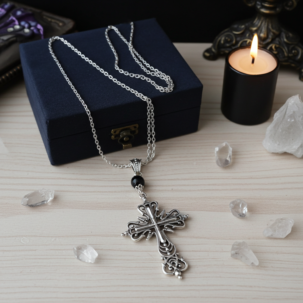 Dark Enchantments Crystal Cross Necklace | Filigree Gemstone Pendant