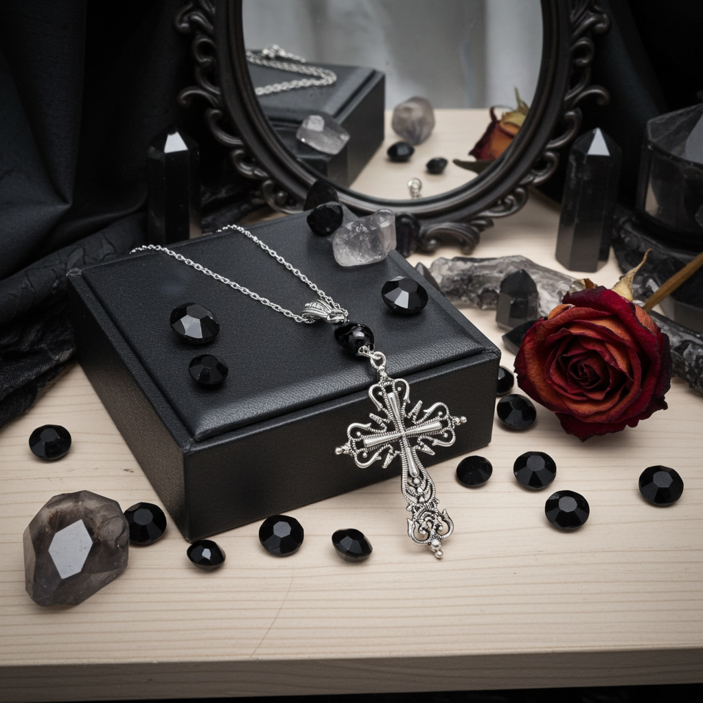 Dark Enchantments Crystal Cross Necklace | Filigree Gemstone Pendant