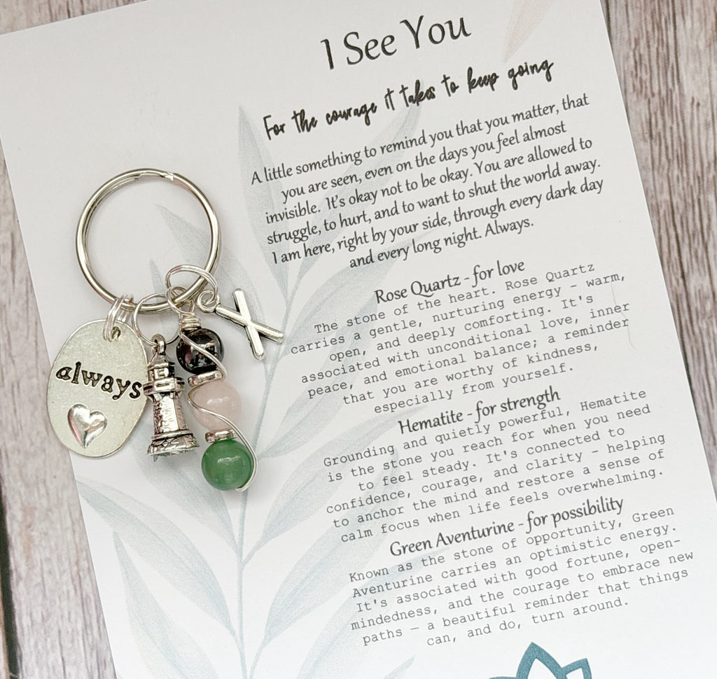 A personalised keychain with a silver-toned metal split ring and charms, placed on top of a printed card. The keychain includes a round silver charm engraved with the word 'always', a small silver tower, and a silver X Charms, and a crystal stem with green, pink and dark grey stone beads.