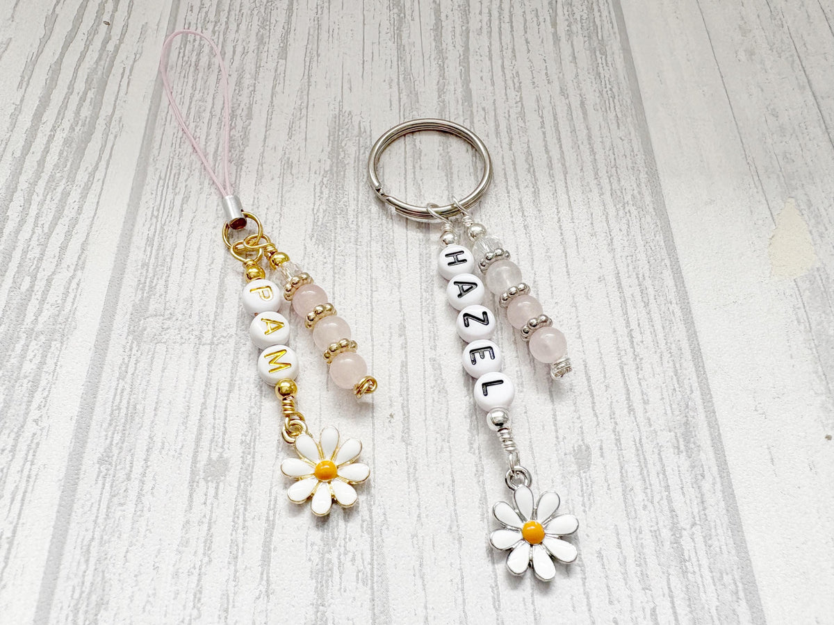 Daisy Phone Charm | Crystal Mobile Accessory | Personalised Name Keyring | Flower Gifts