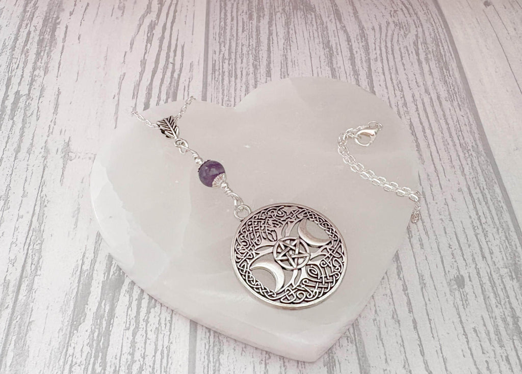 Dark Enchantments Crystal Triple Goddess Pendant | Silver Pentacle Wiccan Necklace