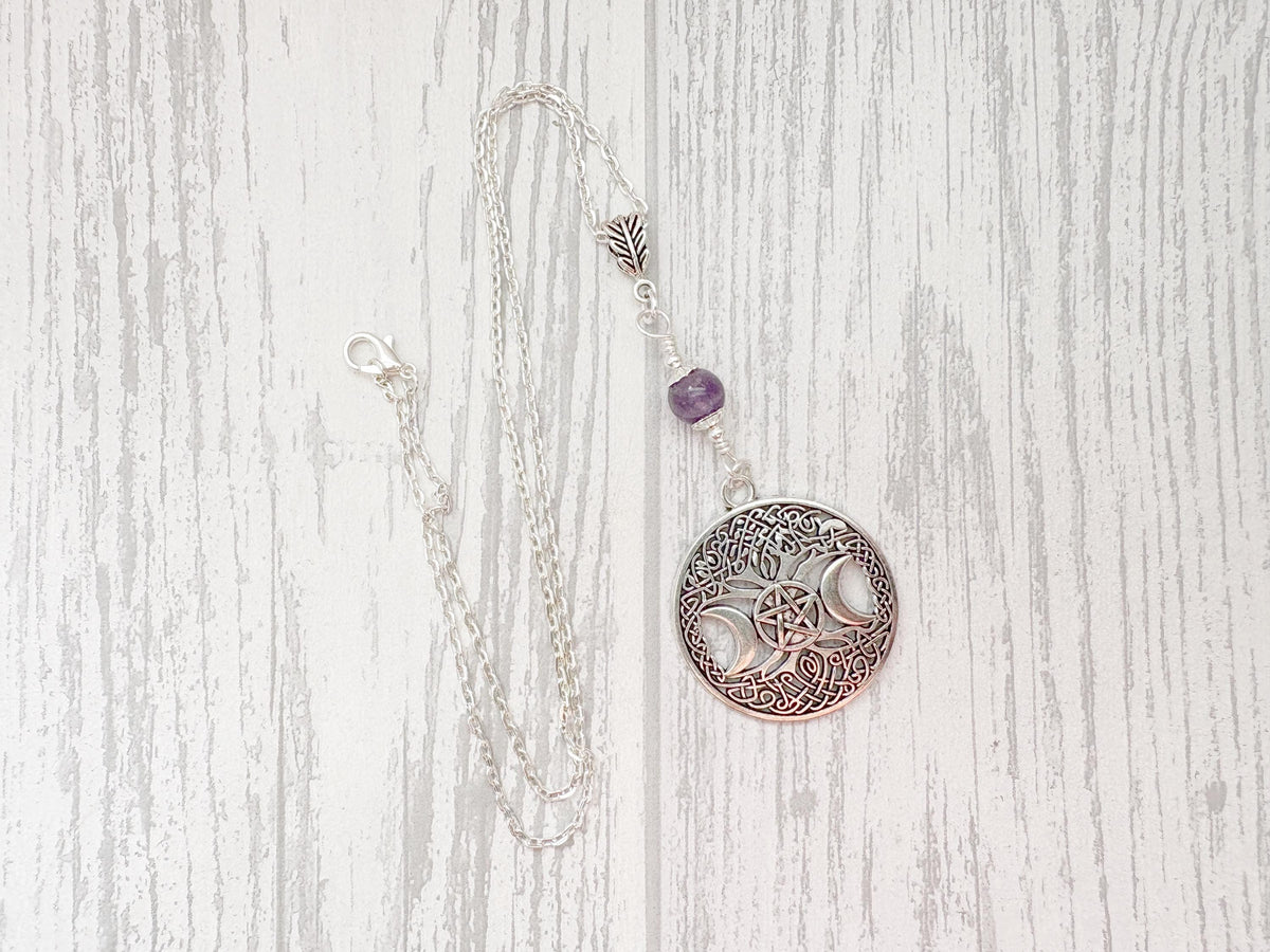 Dark Enchantments Crystal Triple Goddess Pendant | Silver Pentacle Wiccan Necklace