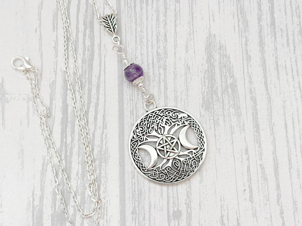 Dark Enchantments Crystal Triple Goddess Pendant | Silver Pentacle Wiccan Necklace