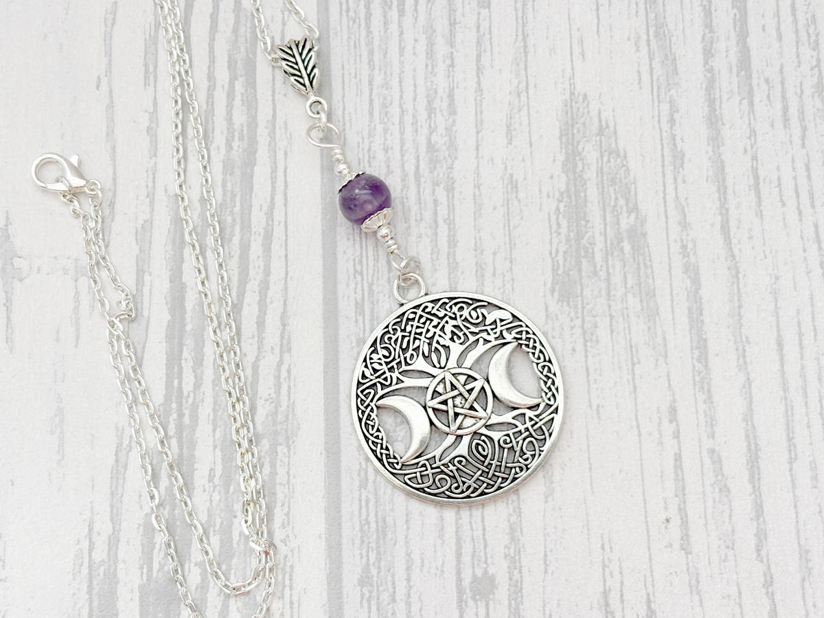 Dark Enchantments Crystal Triple Goddess Pendant | Silver Pentacle Wiccan Necklace