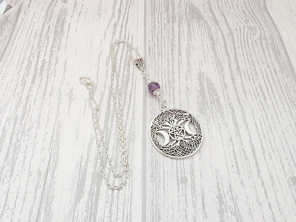 Dark Enchantments Crystal Triple Goddess Pendant | Silver Pentacle Wiccan Necklace