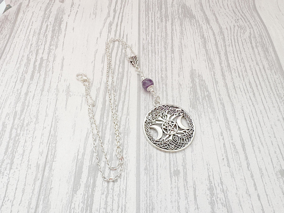 Dark Enchantments Crystal Triple Goddess Pendant | Silver Pentacle Wiccan Necklace