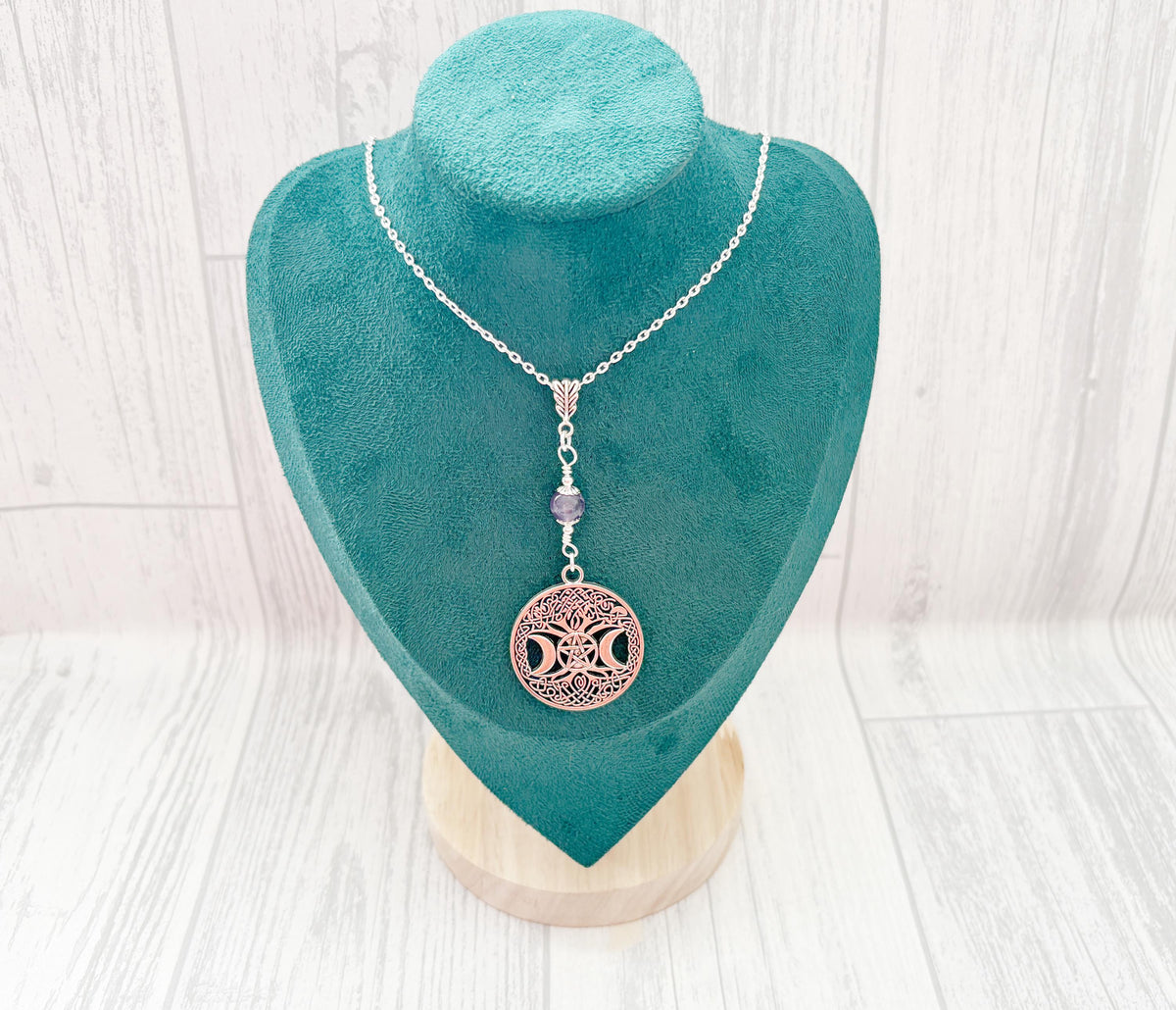 Dark Enchantments Crystal Triple Goddess Pendant | Silver Pentacle Wiccan Necklace