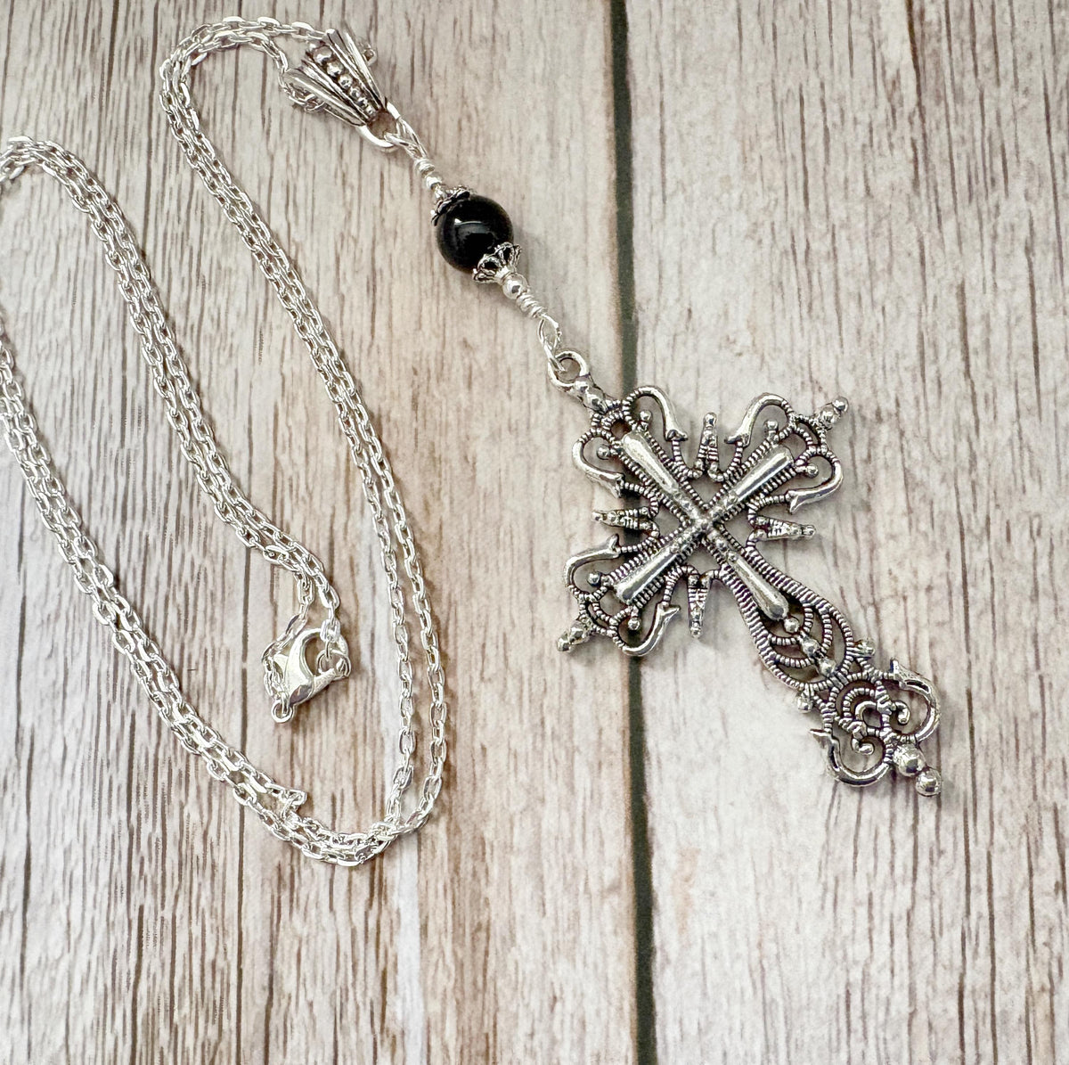 Dark Enchantments Crystal Cross Necklace | Filigree Gemstone Pendant