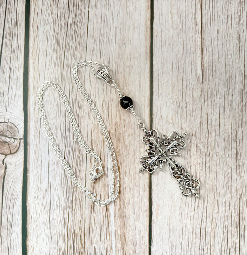 Dark Enchantments Crystal Cross Necklace | Filigree Gemstone Pendant