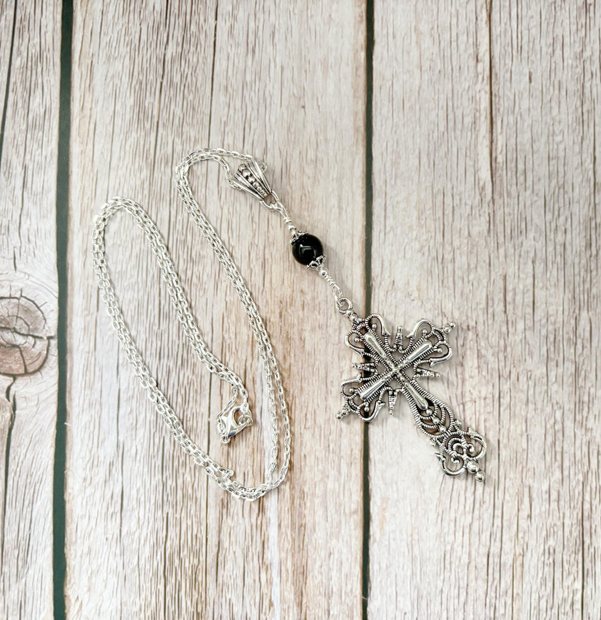 Dark Enchantments Crystal Cross Necklace | Filigree Gemstone Pendant