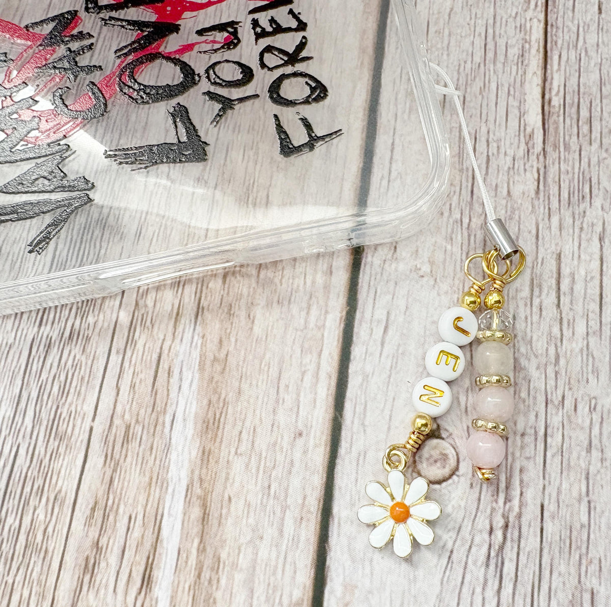 Daisy Phone Charm | Crystal Mobile Accessory | Personalised Name Keyring | Flower Gifts