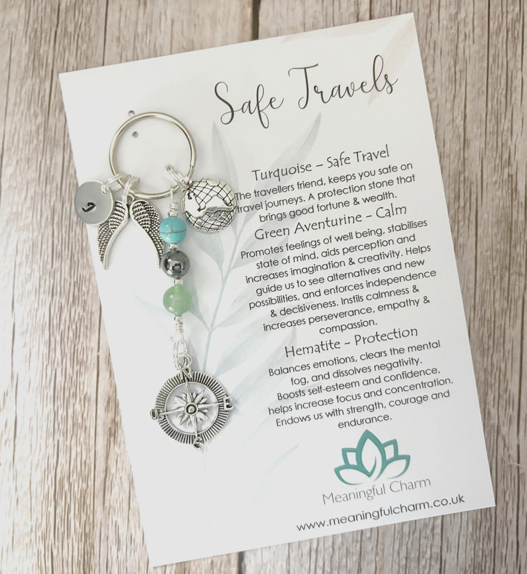 Personalised Safe Travels Charm Keyring for Travelling Gifts