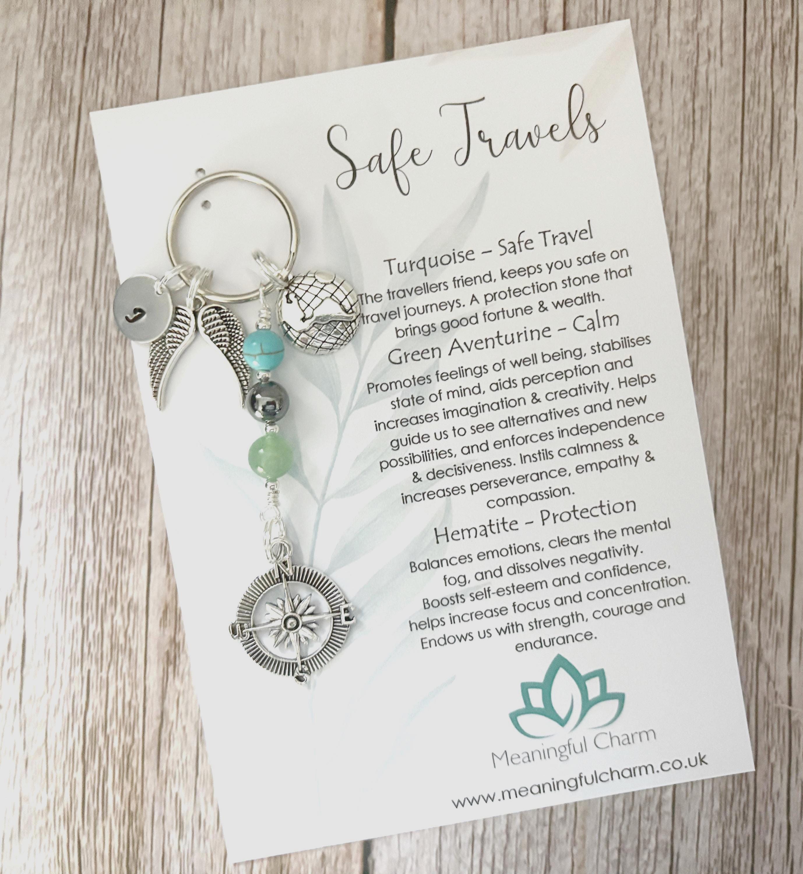 Personalised Safe Travels Charm Keyring for Travelling Gifts