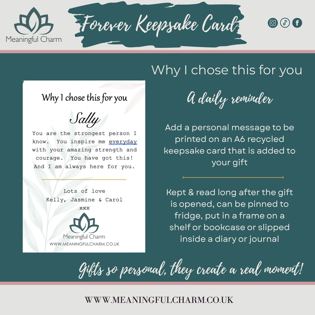 Promotional graphic for a Forever Kepsake Card by Meaningful Charm, showing a sample personalized card on a dark teal background with text explaining the product and usage.