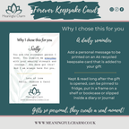 Promotional graphic for a Forever Kepsake Card by Meaningful Charm, showing a sample personalized card on a dark teal background with text explaining the product and usage.