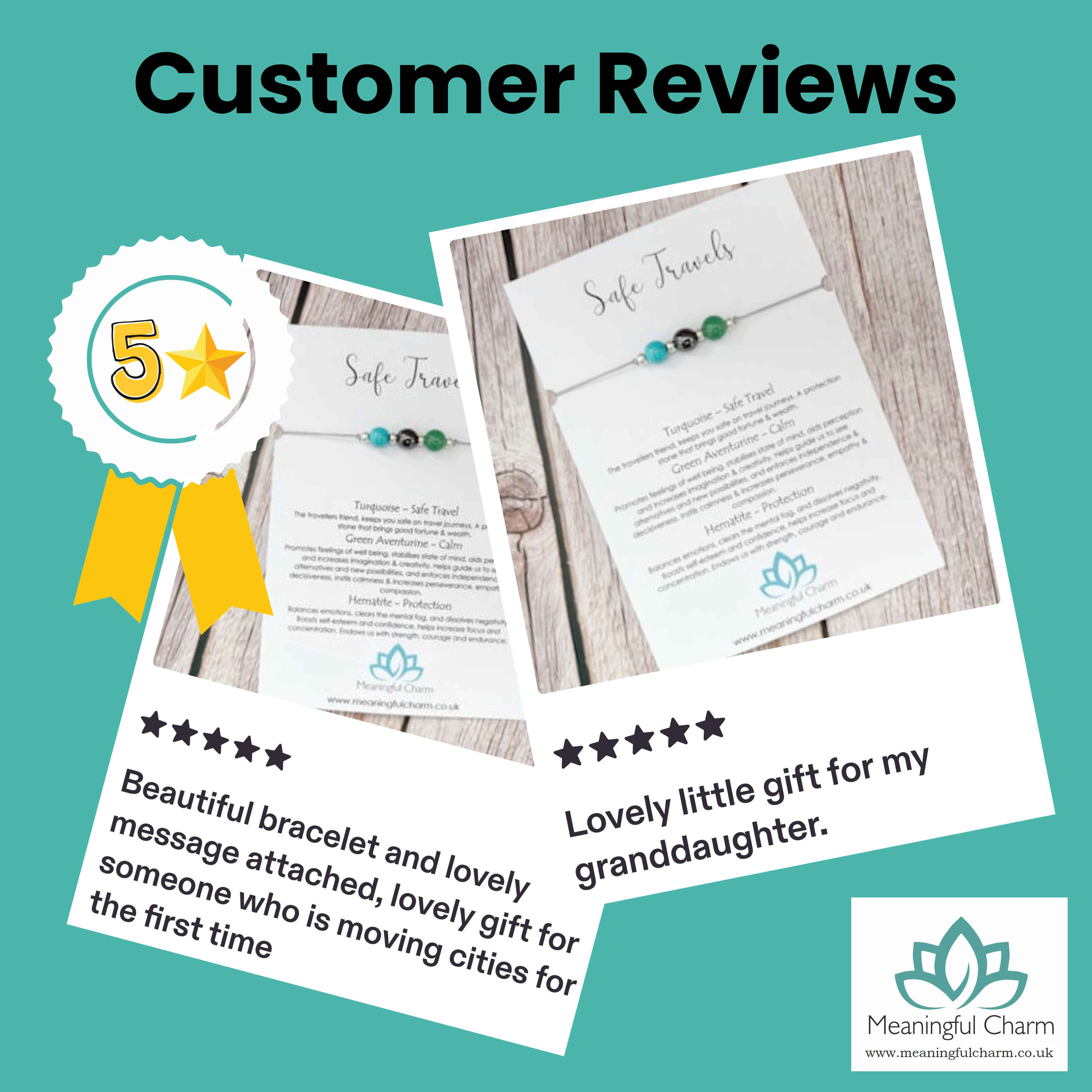 Customer Reviews graphic featuring two sample product photos of a 'Safe Travel' bracelets on a teal background. The graphic includes a yellow and white 5-star ribbon badge, customer testimonials with star ratings, and the 'Meaningful Charm' brand logo in the bottom right corner.