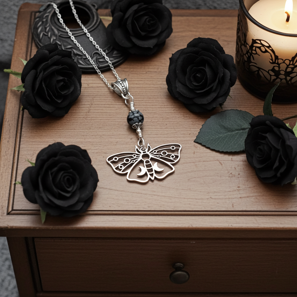 Dark Enchantments Crystal Death Moth Necklace | Silver Gothic Gemstone Pendant